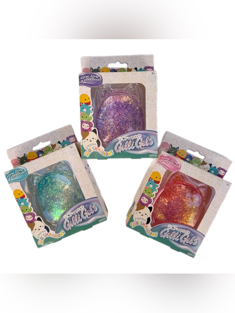 Set of Squishmallows SLIMYGLOOP Gelli Gels sensory squeeze toy purple blue pink